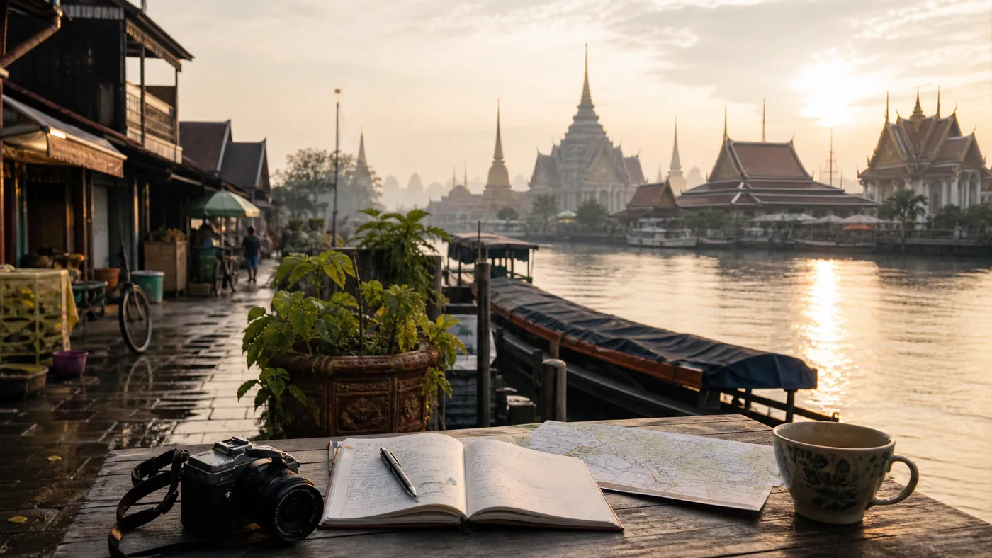 Bangkok riverside at sunrise with notebook, camera and travel map