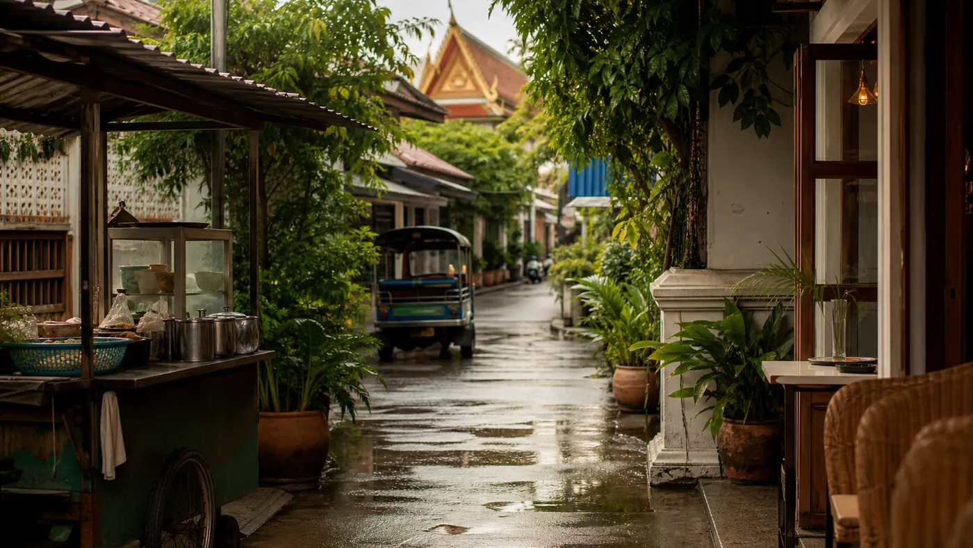 Quiet Bangkok lane after rain with street food cart and temple roof