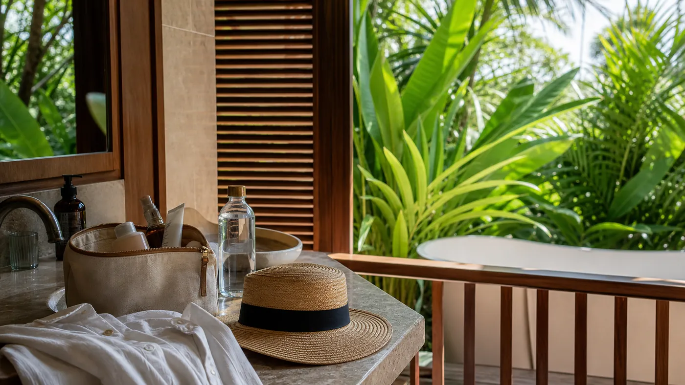 Travel skincare setup in a tropical hotel bathroom with hat and water