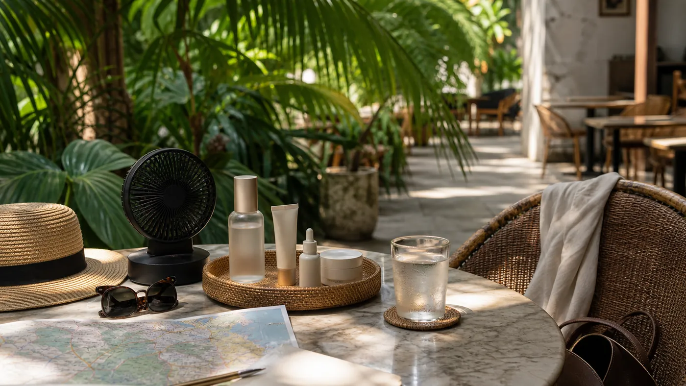 Shaded tropical cafe table with sunscreen, water and travel map