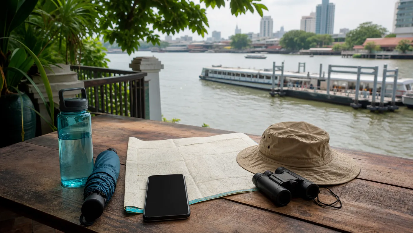 Blank map, phone, water bottle, umbrella, hat and binoculars on a table beside the Chao Phraya River