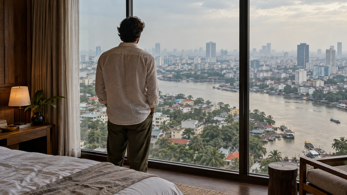 Traveler looking from a hotel window across a tropical city softened by morning haze