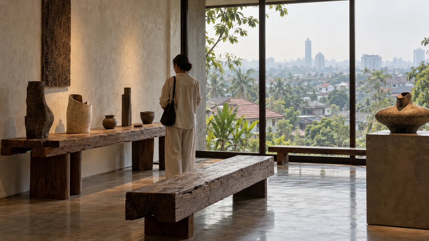 Traveler walking through an airy indoor gallery while a hazy tropical city is visible outside