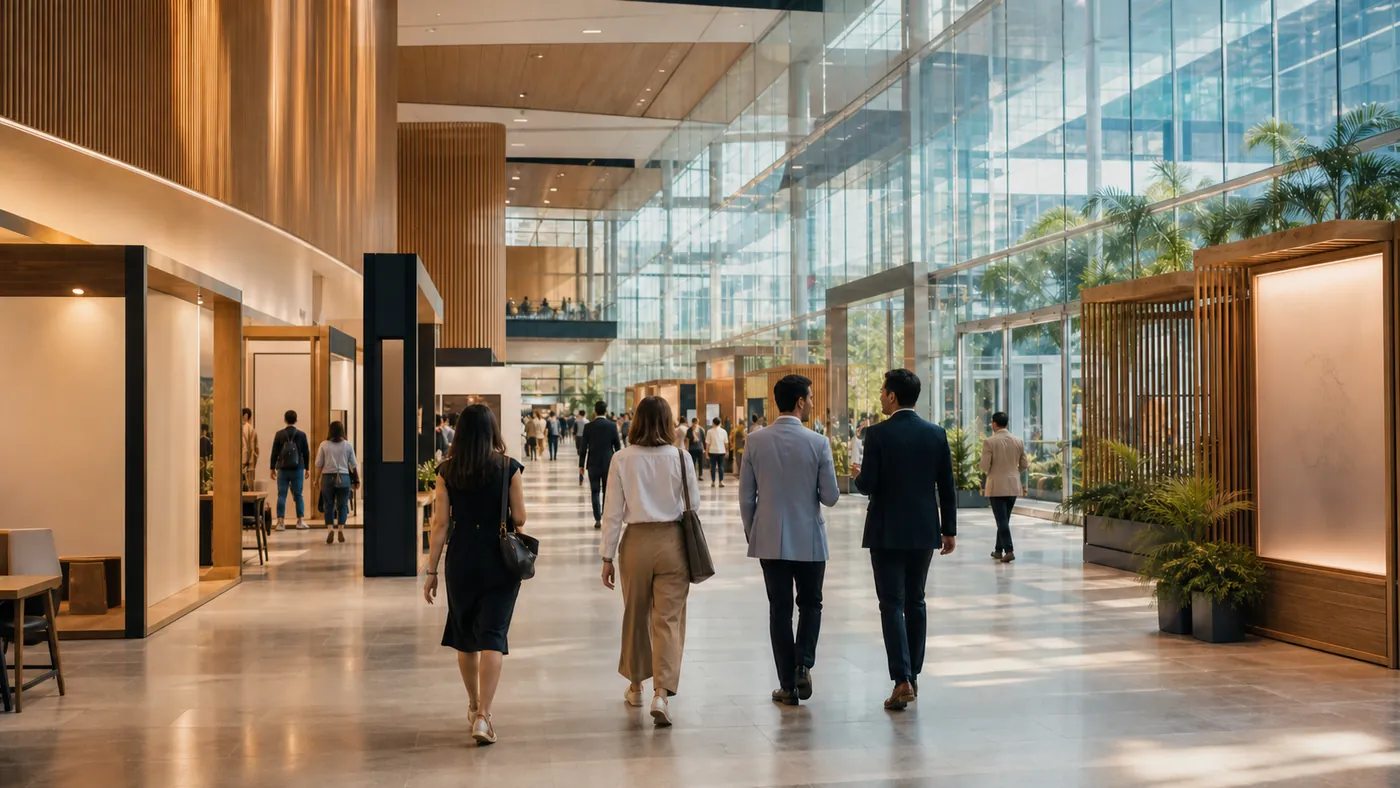 Tourism professionals walking through a bright unbranded convention exhibition hall