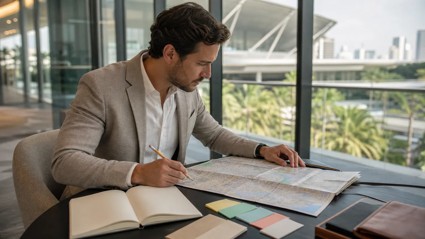 Travel professional reviewing a map and blank planning materials beside a modern convention center